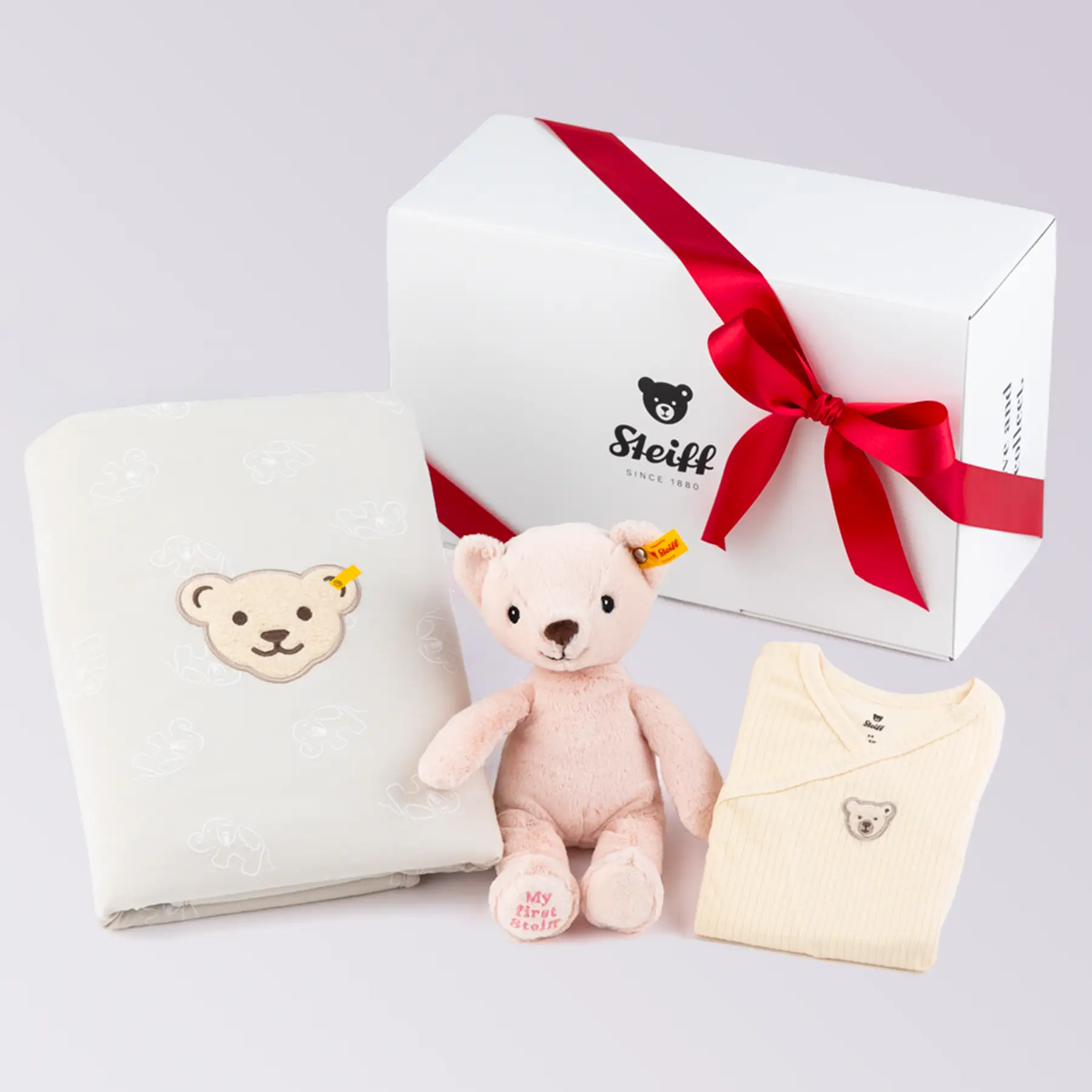 出産祝い ベビー3点セット（BOX入り）ピンク（ぬいぐるみ、ロンパース、ブランケット）